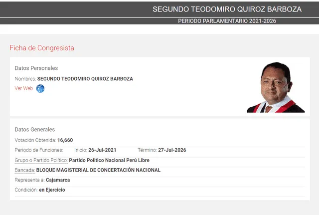  Ficha de Segundo Quiroz según el portal del Congreso de la República.   