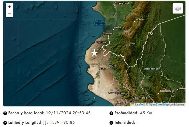 Epicentro del sismo en Piura este 19 de noviembre. Foto: IGP   