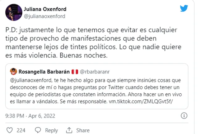 Juliana Oxenford condenó acción de Rosángella Barbarán. Foto: Twitter