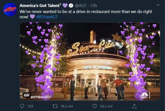 Post de American's got talent en Twitter sobre la presentación de "Dynamite" de BTS. Créditos: @AGT