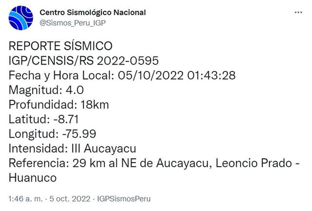 Datos del sismo en Huánuco. Foto: captura IGP
