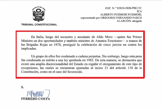 Argumentos del presidente del Tribunal Constitucional, Augusto Ferrero.
