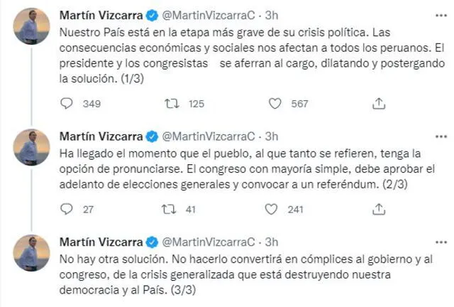 Martín Vizcarra se pronunció sobre la crisis actual en la política peruana. Foto: Captura Twitter