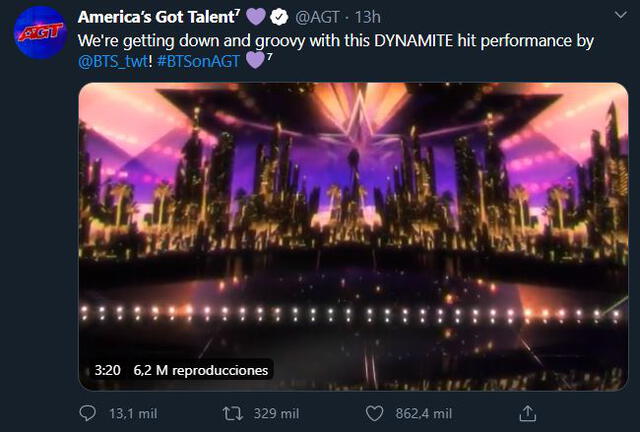 Post de American's got talent en Twitter sobre la presentación de "Dynamite" de BTS. Créditos: @AGT