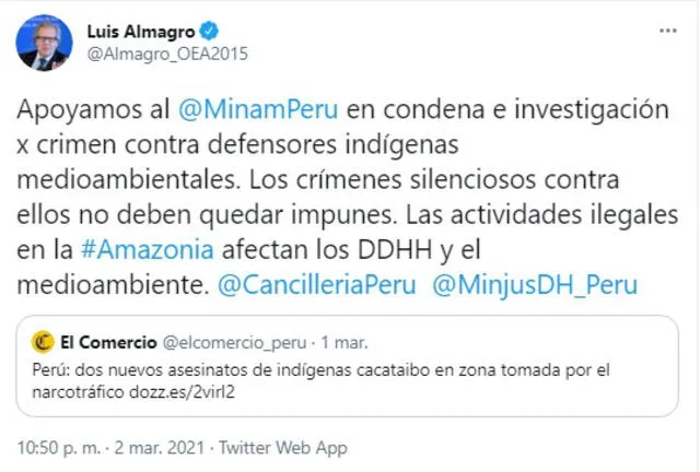 El pronunciamiento de Almagro sobre la situación de los cacataibo en Perú. Foto: captura de Twitter