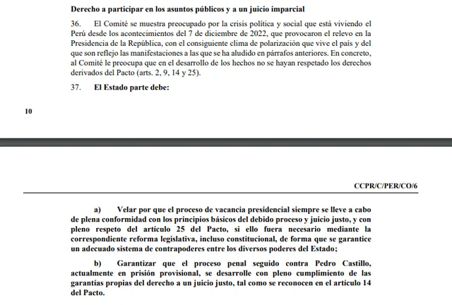  Puntos referidos a la vacancia y situación legal de Pedro Castillo. Foto: captura en documento del Comité de Derechos Humanos de la ONU   