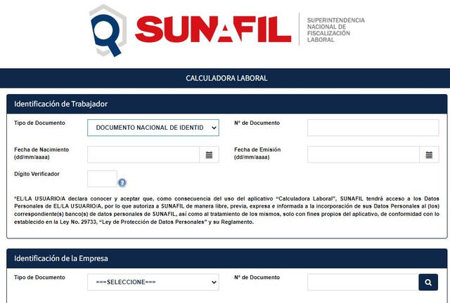 Así figura el website de Sunafil para realizar el cálculo de la gratificación. Foto: Captura Sunafil   