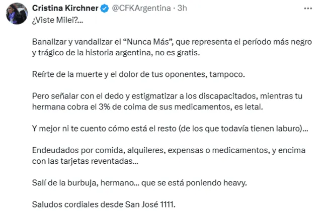  El mensaje de Cristina Kirchner a Milei a través de X.   