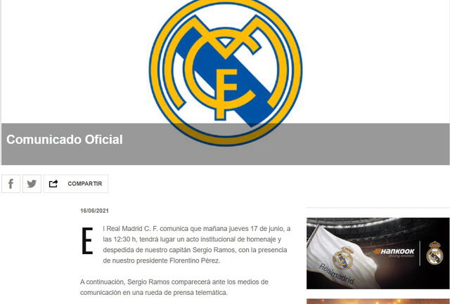El comunicado del Real Madrid anunciando la salida de Sergio Ramos. Foto: captura web Real Madrid