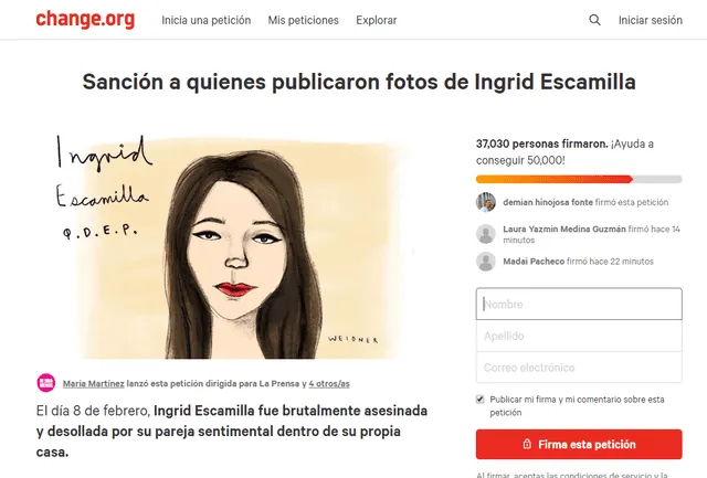 Petición en Change.org por muerte de Ingrid Escamilla.