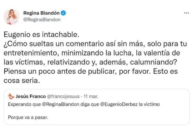 Regina Blandón le comenta a la publicación de un internauta