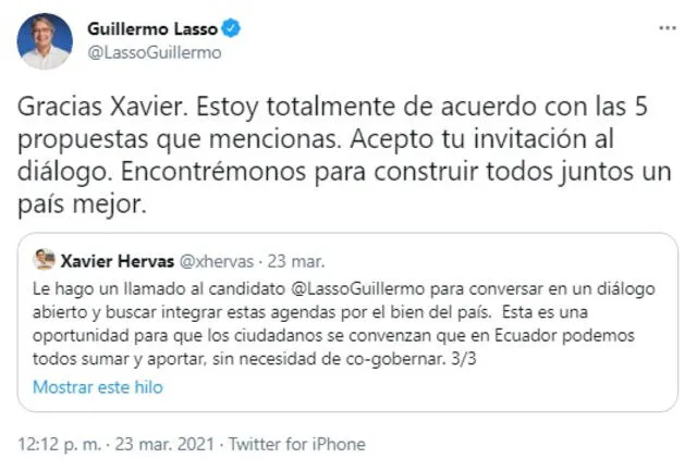 "Yo tengo la mano extendida y los brazos abiertos para dialogar con Xavier Hervas", destacó Lasso. Foto: captura de Twitter