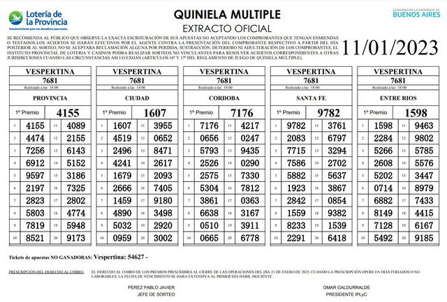 Extracto oficial de Quiniela Vespertina