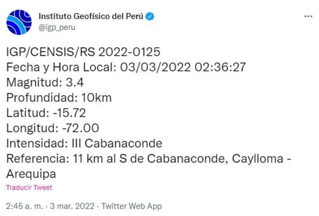 Datos de sismo en Arequipa. Foto: IGP