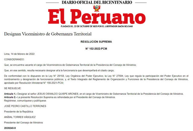 Designación de Jesús Oswaldo Quispe Arones  en la PCM. Foto: captura de El Peruano