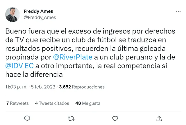  Freddy Ames se pronunció sobre los derechos de TV y apuntó contra Alianza Lima. Foto: captura de Twitter    