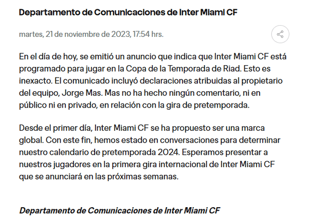 Comunicado de Inter Miami sobre partido amistoso. <strong>Foto: Inter Miami</strong>   