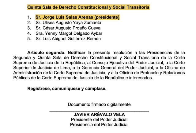 Jorge Luis Salas Arenas es reincorporado a la Corte Suprema 