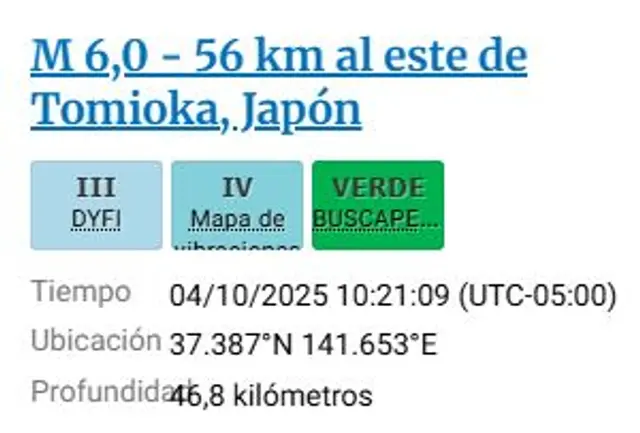  Un terremoto de 6,0 se registró en Japón, el sábado 4 de octubre. Foto: USGS<br>    