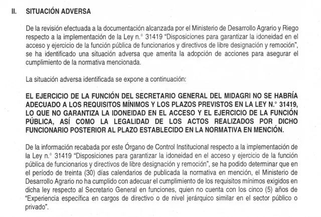 Informe de la Contraloría sobre permanencia del secretario general del Midagri, Paul Jaimes Blanco. Foto: documento