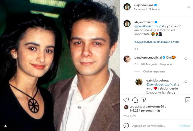 Alejandro Sanz compartió una fotografía al lado de Penélope Cruz, cuando ambos iniciaban sus carreras en la música y la televisión. Foto: captura Alejandro Sanz Instagram