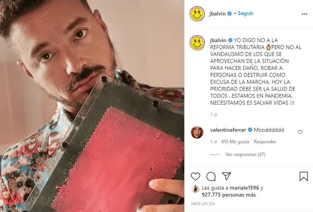 El cantante urbano usó sus redes sociales para expresar su desacuerdo con la reforma tributaria y el vandalismo. Foto: Captura/ Instagram.