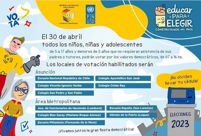 Este domingo 30 de abril, los niños y adolescentes podrán asistir a los locales de sufragio habilitados para emitir su voto. Foto: Twitter/PNUD Paraguay.