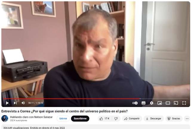  Video original de la entrevista a Rafael Correa en 2022. Foto: captura en Youtube / “Hablando claro con Nelson Salazar”.<br><br>    