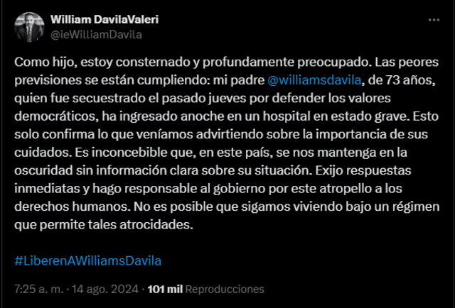 William Dávila informó sobre el estado de su padre, el cual reapareció luego de 5 días secuestrado por el régimen. Foto: William Dávila Valeri/ X William Dávila informó sobre el estado de su padre, el cual reapareció luego de 5 días secuestrado por el régimen. Foto: William Dávila Valeri/ X
