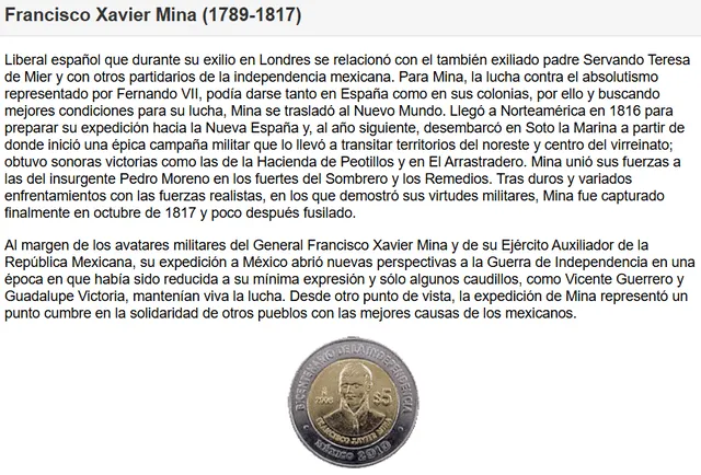 Francisco Xavier Mina falleció en 1817. Foto: Banco de México   