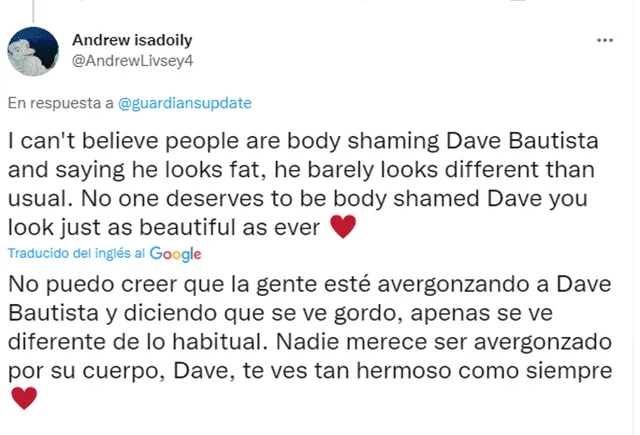 Usuarios apoyan a Dave Bautista frente a críticas por su físico. Foto: captura de Twitter