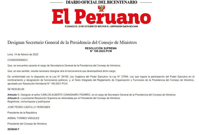 Designación de Carlos Alberto Cavagnaro Pizarro  en la PCM. Foto: captura de El Peruano