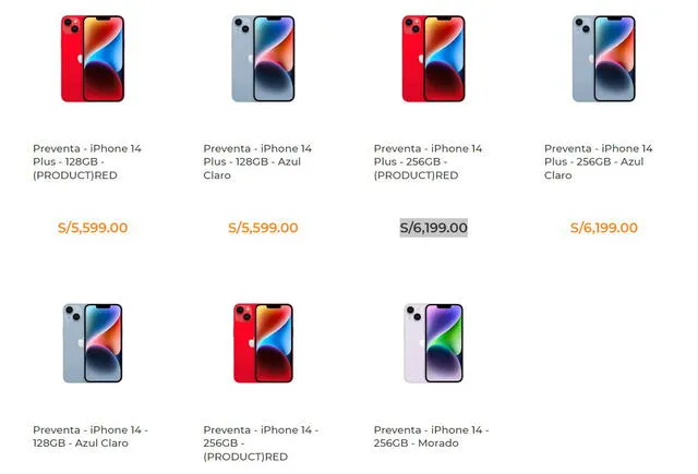 Precios de los iPhone 14 en iShop. Foto: captura de iShop