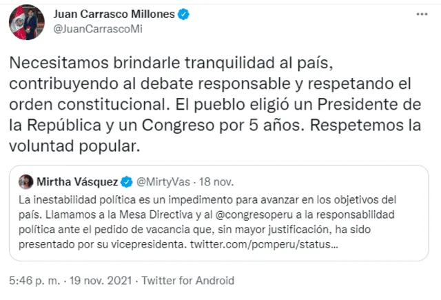 Tuit de Juan Carrasco tras anuncio de moción de vacancia contra Pedro Castillo. Foto: captura de Twitter