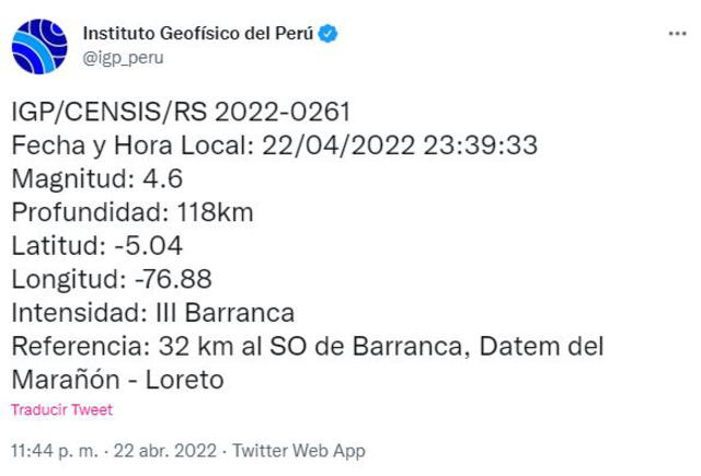 Datos del sismo en Loreto. Foto: captura de Twitter @igp_peru