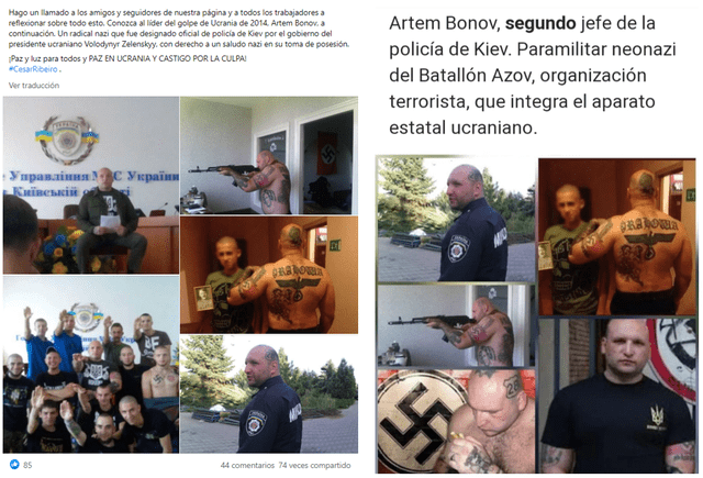 Publicaciones virales sobre Artem Bonov, supuesto integrante de la Policía de Kiev, Ucrania. Fuente: Captura LR, Facebook.