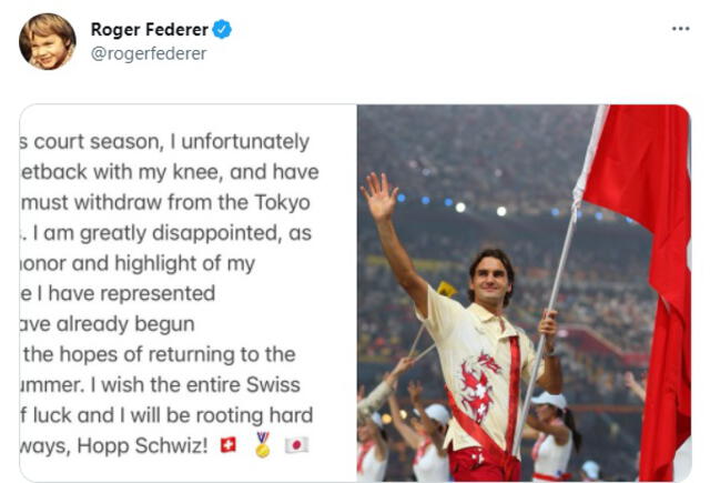 Federer envió ánimos a la delegación suiza en los Juegos. Foto: Twitter/Roger Federer
