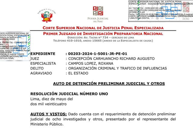 Poder Judicial mostró el documento en donde se aprueba la detención preliminar de Mateo Castañeda y Nicanor Boluarte. Foto: X   