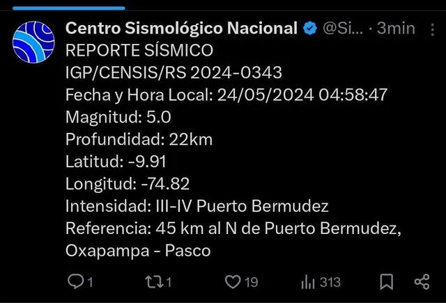  Temblor en Pasco de magnitud 5.0.   