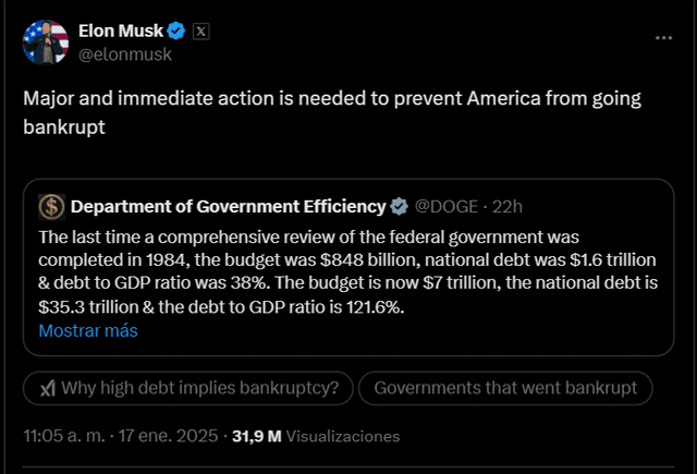 Advertencia de Elon Musk, a través de su cuenta de X, sobre una posible bancarrota de Estados Unidos. Foto: X/@elonmusk.   