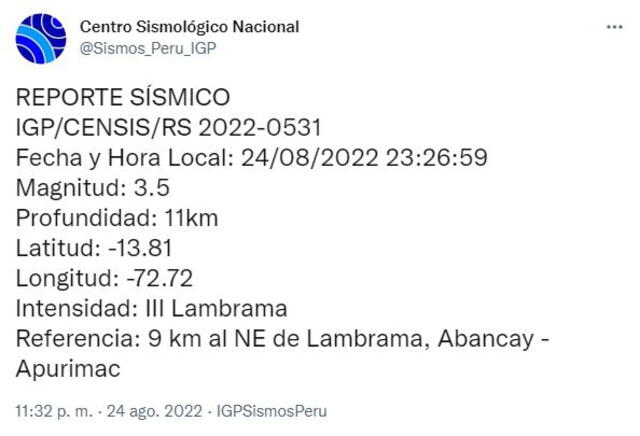 Datos del sismo en Apurímac. Foto: Twitter/@igp_peru