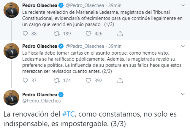 Capturas a los tweets de Olaechea.