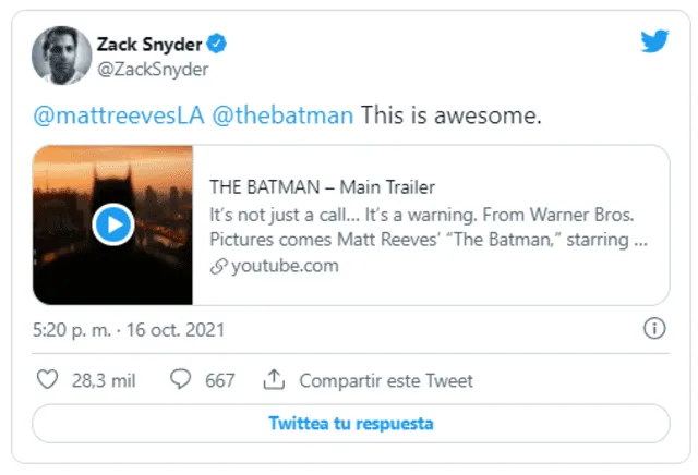 El director de Batman de Ben Affleck, Zack Snyder, elogió el nuevo tráiler de The Batman de Robert Pattinson.