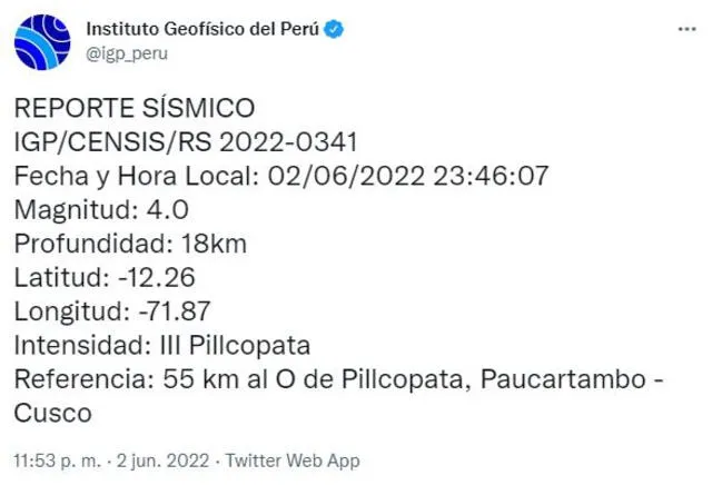 Datos del sismo en Cusco. Foto: captura de Twitter @igp_peru