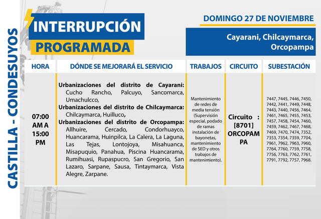 Corte de luz en Arequipa domingo 27 de noviembre