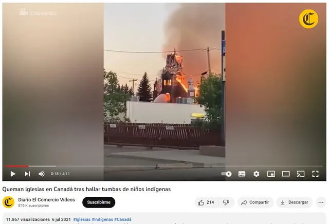  Video titulado “Queman iglesias en Canadá tras hallar tumbas de niños indígenas” fue publicado en 2021. Foto: captura de YouTube/Diario El Comercio Videos   