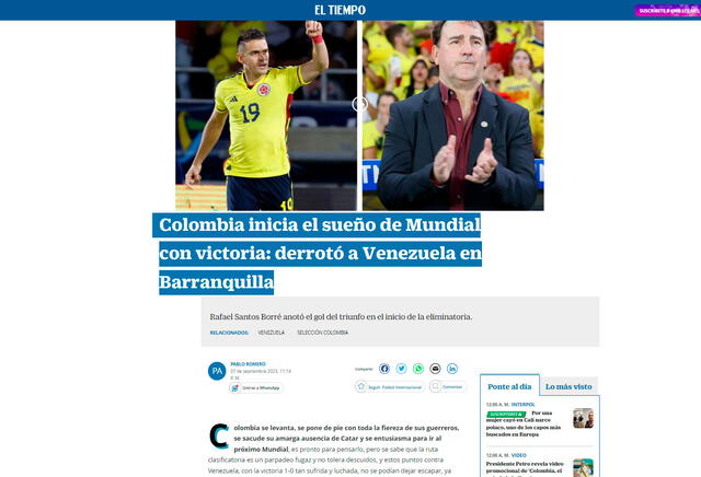 Reacción del diario El Tiempo. Foto: captura de El Tiempo   