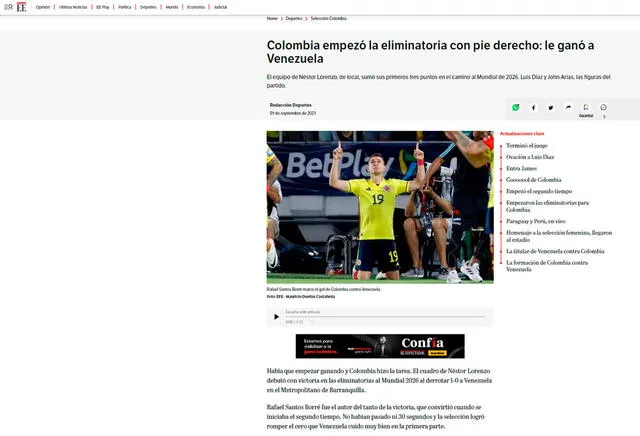 Reacción del diario El Espectador. Foto: captura de El Espectador   