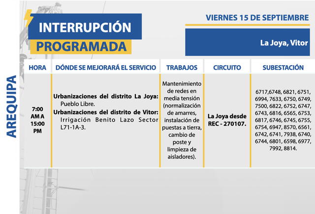  Corte de luz en Arequipa, Camaná y Caylloma, viernes 15 de septiembre. Foto: SEAL   