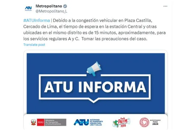  ATU reporta nuevos retrasos en sistema de transporte. Foto: Foto captura/ATU   